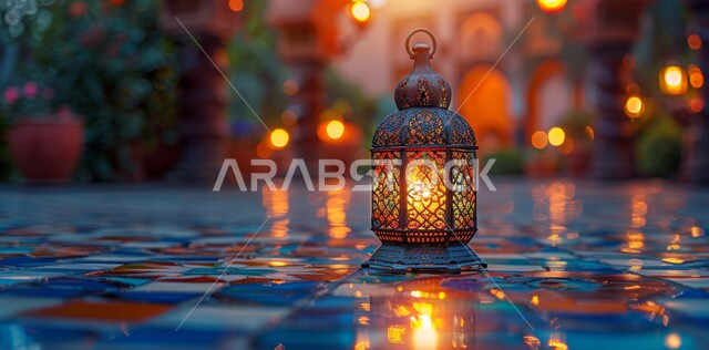 الأجواء الروحانية في الأيام الفضيلة, زينة و ديكورات و أنوار الاحتفالات بالمناسبات و الأعياد الدينية الإسلامية, فانوس معدني مزخرف مضيء, البهجة بقدوم رمضان المبارك, أضواء و مصابيح عربية تقليدية, الاستعداد لاستقبال الشهر الفضيل