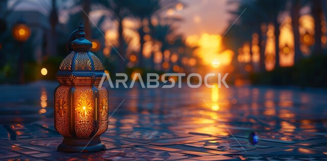 زينة و ديكورات و أنوار الاحتفالات بالمناسبات و الأعياد الدينية الإسلامية, فانوس معدني مزخرف مضيء, البهجة بقدوم رمضان المبارك, أضواء و مصابيح عربية تقليدية, الأجواء الروحانية في الأيام الفضيلة, الاستعداد لاستقبال الشهر الفضيل