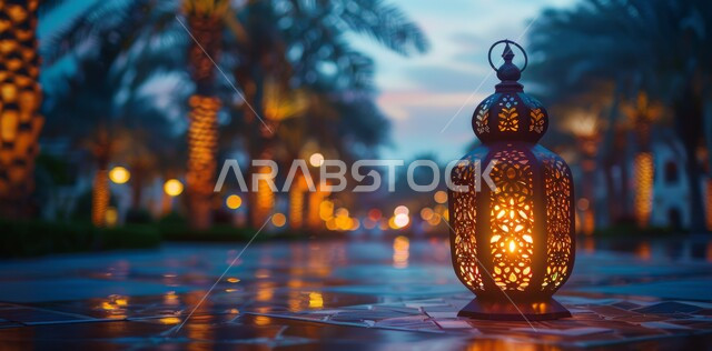 زينة و ديكورات و أنوار الاحتفالات بالمناسبات و الأعياد الدينية الإسلامية, فانوس معدني مزخرف مضيء, البهجة بقدوم رمضان المبارك, أضواء و مصابيح عربية تقليدية, الأجواء الروحانية في الأيام الفضيلة, الاستعداد لاستقبال الشهر الفضيل