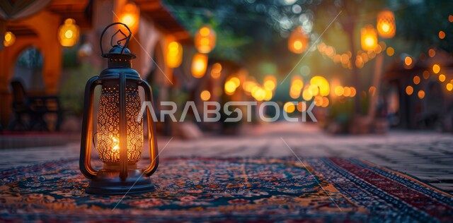 زينة و ديكورات و أنوار الاحتفالات بالمناسبات و الأعياد الدينية الإسلامية, فانوس معدني مزخرف مضيء, البهجة بقدوم رمضان المبارك, أضواء و مصابيح عربية تقليدية, الأجواء الروحانية في الأيام الفضيلة, الاستعداد لاستقبال الشهر الفضيل