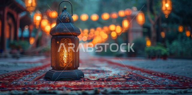 زينة و ديكورات و أنوار الاحتفالات بالمناسبات و الأعياد الدينية الإسلامية, فانوس معدني مزخرف مضيء, البهجة بقدوم رمضان المبارك, أضواء و مصابيح عربية تقليدية, الأجواء الروحانية في الأيام الفضيلة, الاستعداد لاستقبال الشهر الفضيل