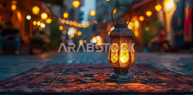 زينة و ديكورات و أنوار الاحتفالات بالمناسبات و الأعياد الدينية الإسلامية, فانوس معدني مزخرف مضيء, البهجة بقدوم رمضان المبارك, أضواء و مصابيح عربية تقليدية, الأجواء الروحانية في الأيام الفضيلة, الاستعداد لاستقبال الشهر الفضيل