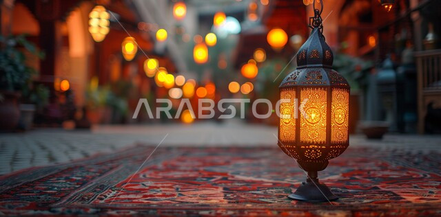 زينة و ديكورات و أنوار الاحتفالات بالمناسبات و الأعياد الدينية الإسلامية, فانوس معدني مزخرف مضيء, البهجة بقدوم رمضان المبارك, أضواء و مصابيح عربية تقليدية, الأجواء الروحانية في الأيام الفضيلة, الاستعداد لاستقبال الشهر الفضيل