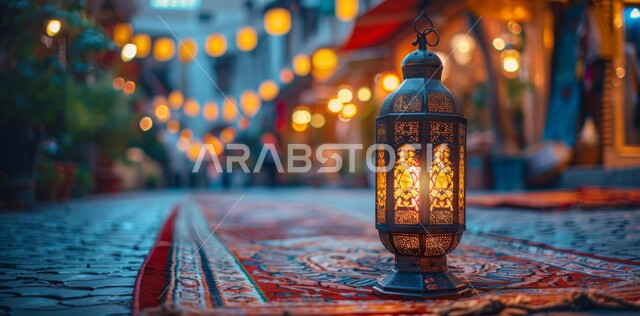 Decorations, decorations, and lights for celebrations of Islamic religious occasions and holidays, a decorative, illuminated metal lantern, the joy of the coming of the blessed Ramadan, traditional Arab lights and lamps, the spiritual atmosphere on the holy days, preparing to welcome the holy month.