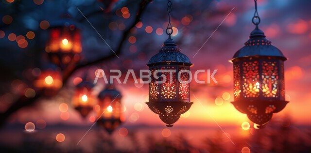 الاستعداد لاستقبال الشهر الفضيل ,ديكورات وزينة و أنوار الاحتفالات بالمناسبات و الأعياد الدينية الإسلامية, فانوس معدني مزخرف مضيء, البهجة بقدوم رمضان المبارك, أضواء و مصابيح عربية تقليدية معلقة, الأجواء الروحانية في الأيام الفضيلة