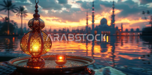 الاستعداد لاستقبال الشهر الفضيل ,ديكورات وزينة و أنوار الاحتفالات بالمناسبات و الأعياد الدينية , فانوس معدني مزخرف مضيء, البهجة بقدوم رمضان المبارك, أضواء و مصابيح عربية تقليدية معلقة, الأجواء الروحانية في الأيام الفضيلة, خلفية المساجد الاسلامية