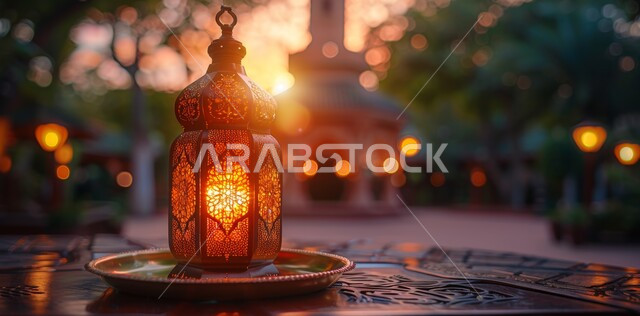 ديكورات وزينة و أنوار الاحتفالات بالمناسبات و الأعياد الدينية الإسلامية, فانوس معدني مزخرف مضيء, البهجة بقدوم رمضان المبارك, أضواء و مصابيح عربية تقليدية, الأجواء الروحانية في الأيام الفضيلة, الاستعداد لاستقبال الشهر الفضيل