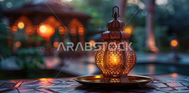 Decorations, ornaments and lights for celebrations of Islamic religious occasions and holidays, a decorated illuminated metal lantern, the joy of the coming of the blessed month of Ramadan, traditional Arabic lights and lamps, the spiritual atmosphere in the holy days, preparing to receive the holy month