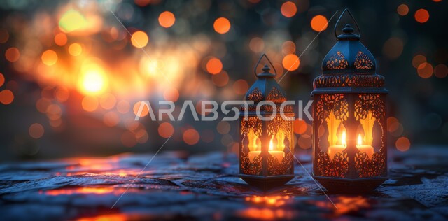 Spiritual atmosphere in the holy days, decorations and lights for celebrations of Islamic religious occasions and holidays, illuminated decorative metal lantern, joy at the arrival of the holy month of Ramadan, traditional Arabic lights and lamps, preparation for welcoming the holy month, nature background at sunset