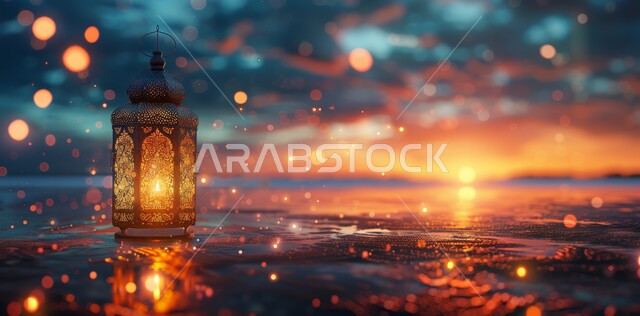 Spiritual atmosphere in the holy days, decorations and lights for celebrations of Islamic religious occasions and holidays, illuminated decorative metal lantern, joy at the arrival of the holy month of Ramadan, traditional Arabic lights and lamps, preparation for welcoming the holy month, nature background at sunset