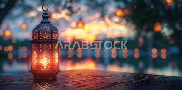 Spiritual atmosphere in the holy days, decorations and lights for celebrations of Islamic religious occasions and holidays, illuminated decorative metal lantern, joy at the arrival of the holy month of Ramadan, traditional Arabic lights and lamps, preparation for welcoming the holy month, nature background at sunset