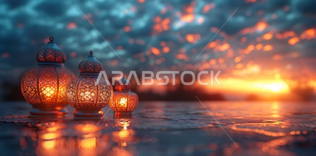  الأجواء الروحانية في الأيام الفضيلة, زينة و ديكورات و أنوار الاحتفالات بالمناسبات و الأعياد الدينية الإسلامية, فانوس معدني مزخرف مضيء, البهجة بقدوم رمضان المبارك, أضواء و مصابيح عربية تقليدية, الاستعداد لاستقبال الشهر الفضيل, خلفية الطبيعه وقت غروب الشمس