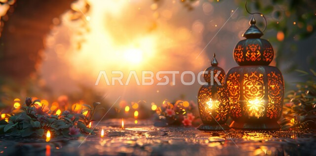  الأجواء الروحانية في الأيام الفضيلة, زينة و ديكورات و أنوار الاحتفالات بالمناسبات و الأعياد الدينية الإسلامية, فانوس معدني مزخرف مضيء, البهجة بقدوم رمضان المبارك, أضواء و مصابيح عربية تقليدية, الاستعداد لاستقبال الشهر الفضيل, خلفية الطبيعه وقت غروب الشمس