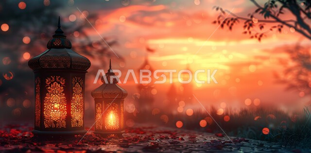  الأجواء الروحانية في الأيام الفضيلة, زينة و ديكورات و أنوار الاحتفالات بالمناسبات و الأعياد الدينية الإسلامية, فانوس معدني مزخرف مضيء, البهجة بقدوم رمضان المبارك, أضواء و مصابيح عربية تقليدية, الاستعداد لاستقبال الشهر الفضيل, خلفية الطبيعه وقت غروب الشمس