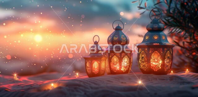 Spiritual atmosphere in the holy days, decorations and lights for celebrations of Islamic religious occasions and holidays, illuminated decorative metal lantern, joy at the arrival of the holy month of Ramadan, traditional Arabic lights and lamps, preparation for welcoming the holy month, nature background at sunset