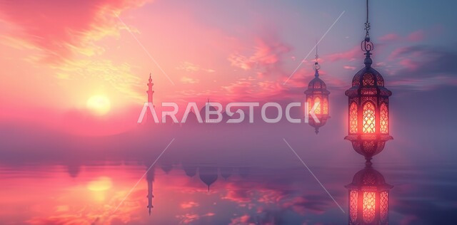 Spiritual atmosphere in holy days, decorations and lights for celebrations of religious occasions and holidays, hanging illuminated decorative metal lantern, joy at the arrival of the holy month of Ramadan, traditional Arabic lights and lamps, preparation for welcoming the holy month, background of an Islamic mosque at sunset