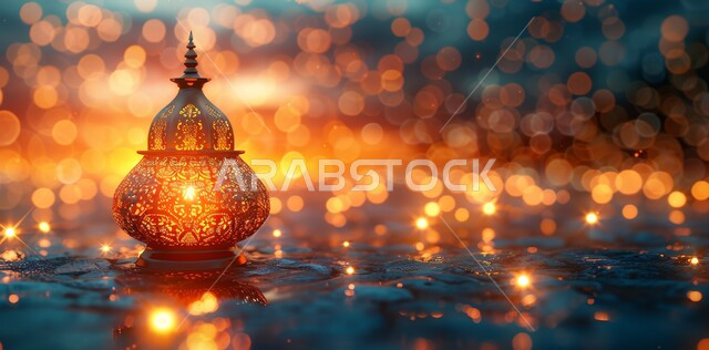 Spiritual atmosphere in the holy days, decorations and lights for celebrations of Islamic religious occasions and holidays, illuminated decorative metal lantern, joy at the arrival of the blessed month of Ramadan, traditional Arabic lights and lamps, preparation for welcoming the holy month