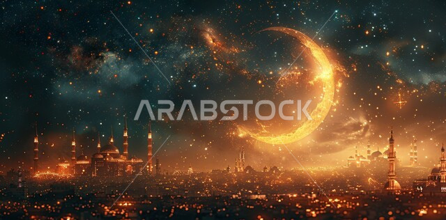  رسوم توضيحية ثلاثية الابعاد للمآذن والقبب للمساجد الإسلامية، الديكورات والتصاميم الهندسية المميزة في رمضان المبارك، زينة الاعياد والمناسبات الدينية، قدوم شهر الخير, العبادة والتقرب إلى الله تعالى، خلفية السماء المرصعة بالنجوم مع القمر المضيء ليلا