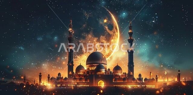  رسوم توضيحية ثلاثية الابعاد للمآذن والقبب للمساجد الإسلامية، الديكورات والتصاميم الهندسية المميزة في رمضان المبارك، زينة الاعياد والمناسبات الدينية، قدوم شهر الخير, العبادة والتقرب إلى الله تعالى، خلفية السماء المرصعة بالنجوم مع القمر المضيء ليلا