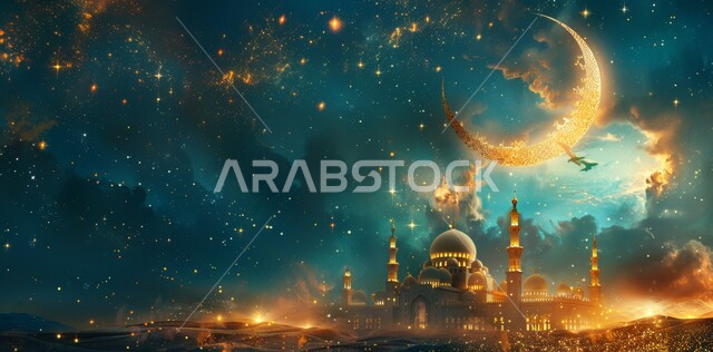  رسوم توضيحية ثلاثية الابعاد للمآذن والقبب للمساجد الإسلامية، الديكورات والتصاميم الهندسية المميزة في رمضان المبارك، زينة الاعياد والمناسبات الدينية، قدوم شهر الخير, العبادة والتقرب إلى الله تعالى، خلفية السماء المرصعة بالنجوم مع القمر المضيء ليلا