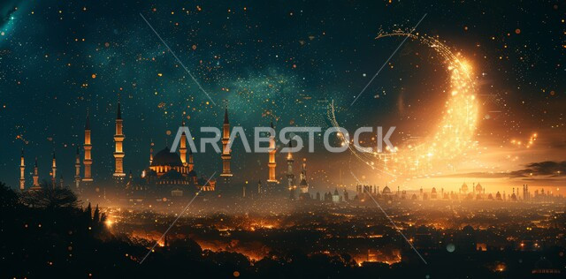  رسوم توضيحية ثلاثية الابعاد للمآذن والقبب للمساجد الإسلامية، الديكورات والتصاميم الهندسية المميزة في رمضان المبارك، زينة الاعياد والمناسبات الدينية، قدوم شهر الخير, العبادة والتقرب إلى الله تعالى، خلفية السماء المرصعة بالنجوم مع القمر المضيء ليلا