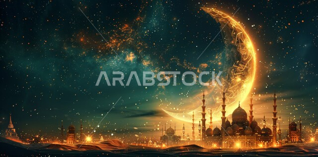 3D illustrations of minarets and domes of Islamic mosques, distinctive decorations and geometric designs in the holy month of Ramadan, decorations for religious holidays and occasions, the arrival of the month of goodness, worship and drawing closer to God Almighty, a background of the starry sky with the moon shining at night