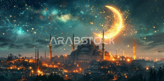  رسوم توضيحية ثلاثية الابعاد للمآذن والقبب للمساجد الإسلامية، الديكورات والتصاميم الهندسية المميزة في رمضان المبارك، زينة الاعياد والمناسبات الدينية، قدوم شهر الخير, العبادة والتقرب إلى الله تعالى، خلفية السماء المرصعة بالنجوم مع القمر المضيء ليلا