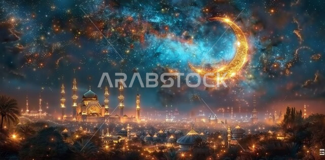  رسوم توضيحية ثلاثية الابعاد للمآذن والقبب للمساجد الإسلامية، الديكورات والتصاميم الهندسية المميزة في رمضان المبارك، زينة الاعياد والمناسبات الدينية، قدوم شهر الخير, العبادة والتقرب إلى الله تعالى، خلفية السماء المرصعة بالنجوم مع القمر المضيء ليلا