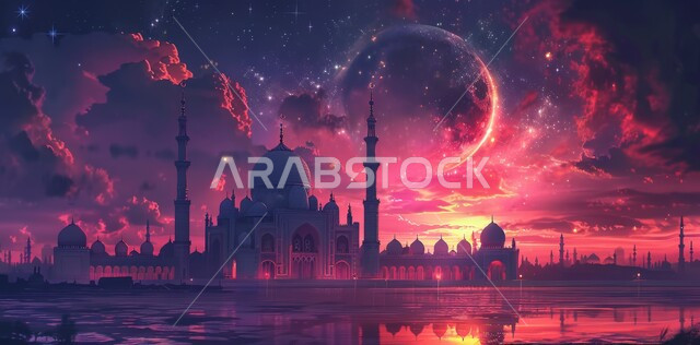 3D illustrations of minarets and domes of Islamic mosques, distinctive decorations and geometric designs in the holy month of Ramadan, decorations for religious holidays and occasions, the arrival of the month of goodness, worship and drawing closer to God Almighty, a background of the starry sky with the moon shining at night