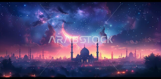  رسوم توضيحية ثلاثية الابعاد للمآذن والقبب للمساجد الإسلامية، الديكورات والتصاميم الهندسية المميزة في رمضان المبارك، زينة الاعياد والمناسبات الدينية، قدوم شهر الخير, العبادة والتقرب إلى الله تعالى، خلفية السماء المرصعة بالنجوم مع القمر المضيء ليلا