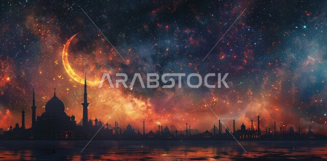  رسوم توضيحية ثلاثية الابعاد للمآذن والقبب للمساجد الإسلامية، الديكورات والتصاميم الهندسية المميزة في رمضان المبارك، زينة الاعياد والمناسبات الدينية، قدوم شهر الخير, العبادة والتقرب إلى الله تعالى، خلفية السماء المرصعة بالنجوم مع القمر المضيء ليلا