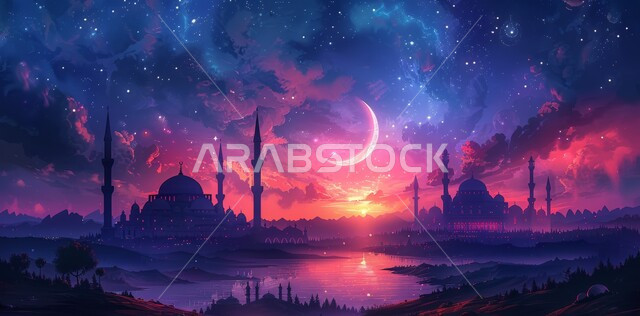 الديكورات والتصاميم الهندسية المميزة في رمضان المبارك، زينة الاعياد والمناسبات الدينية، قدوم شهر الخير، رسوم توضيحية ثلاثية الابعاد للمآذن والقبب للمساجد الإسلامية، العبادة والتقرب إلى الله تعالى، خلفية السماء المرصعة بالنجوم مع القمر المضيء ليلا