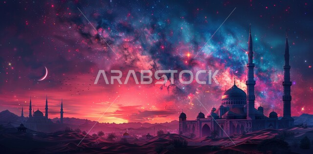 الديكورات والتصاميم الهندسية المميزة في رمضان المبارك، زينة الاعياد والمناسبات الدينية، قدوم شهر الخير، رسوم توضيحية ثلاثية الابعاد للمآذن والقبب للمساجد الإسلامية، العبادة والتقرب إلى الله تعالى، خلفية السماء المرصعة بالنجوم مع القمر المضيء ليلا