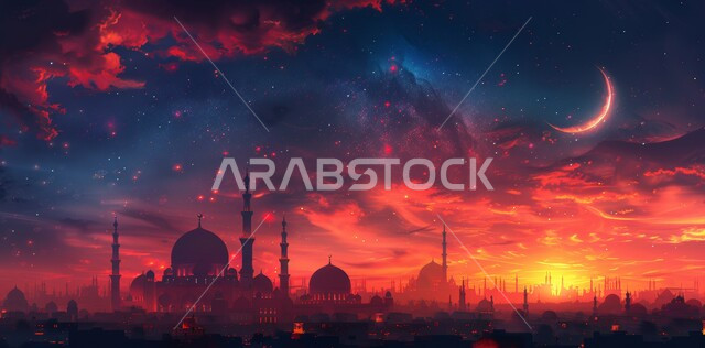 الديكورات والتصاميم الهندسية المميزة في رمضان المبارك، زينة الاعياد والمناسبات الدينية، قدوم شهر الخير، رسوم توضيحية ثلاثية الابعاد للمآذن والقبب للمساجد الإسلامية، العبادة والتقرب إلى الله تعالى، خلفية السماء المرصعة بالنجوم مع القمر المضيء ليلا