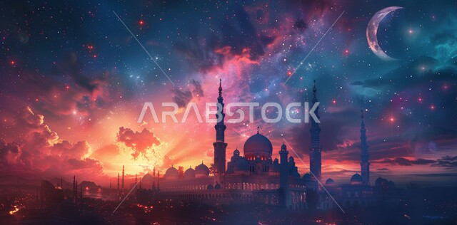 Distinctive decorations and geometric designs in the holy month of Ramadan, decorations for religious holidays and occasions, the arrival of the month of goodness, three-dimensional illustrative designs of minarets and domes of Islamic mosques, worship and drawing closer to God Almighty, a background of the starry sky with the moon shining at night