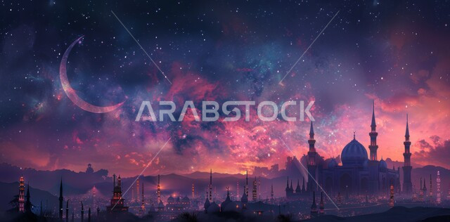 الديكورات والتصاميم الهندسية المميزة في رمضان المبارك، زينة الاعياد والمناسبات الدينية، قدوم شهر الخير، رسوم توضيحية ثلاثية الابعاد للمآذن والقبب للمساجد الإسلامية، العبادة والتقرب إلى الله تعالى، خلفية السماء المرصعة بالنجوم مع القمر المضيء ليلا