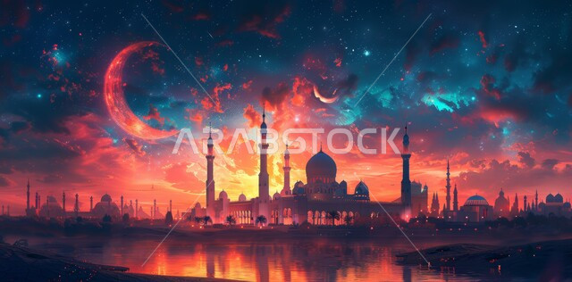 الديكورات والتصاميم الهندسية المميزة في رمضان المبارك، زينة الاعياد والمناسبات الدينية، قدوم شهر الخير، رسوم توضيحية ثلاثية الابعاد للمآذن والقبب للمساجد الإسلامية، العبادة والتقرب إلى الله تعالى، خلفية السماء المرصعة بالنجوم مع القمر المضيء ليلا
