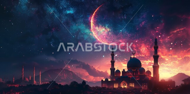 الديكورات والتصاميم الهندسية المميزة في رمضان المبارك، زينة الاعياد والمناسبات الدينية، قدوم شهر الخير، رسوم توضيحية ثلاثية الابعاد للمآذن والقبب للمساجد الإسلامية، العبادة والتقرب إلى الله تعالى، خلفية السماء المرصعة بالنجوم مع القمر المضيء ليلا