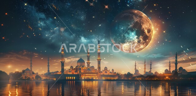 الديكورات والتصاميم الهندسية المميزة في رمضان المبارك، زينة الاعياد والمناسبات الدينية، قدوم شهر الخير، رسوم توضيحية ثلاثية الابعاد للمآذن والقبب للمساجد الإسلامية، العبادة والتقرب إلى الله تعالى، خلفية السماء المرصعة بالنجوم مع القمر المضيء ليلا