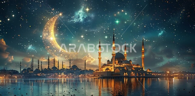 زينة الاعياد والمناسبات الدينية, قدوم شهر الخير, رسوم توضيحية ثلاثية الابعاد للمآذن والقبب للمساجد الإسلامية، الديكورات والتصاميم الهندسية المميزة في رمضان المبارك، العبادة والتقرب إلى الله تعالى, خلفية السماء المرصعه بالنجوم مع القمر المضيء ليلا