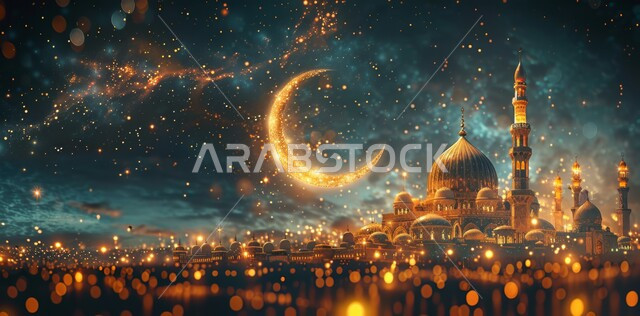 زينة الاعياد والمناسبات الدينية, قدوم شهر الخير, رسوم توضيحية ثلاثية الابعاد للمآذن والقبب للمساجد الإسلامية، الديكورات والتصاميم الهندسية المميزة في رمضان المبارك، العبادة والتقرب إلى الله تعالى, خلفية السماء المرصعه بالنجوم مع القمر المضيء ليلا