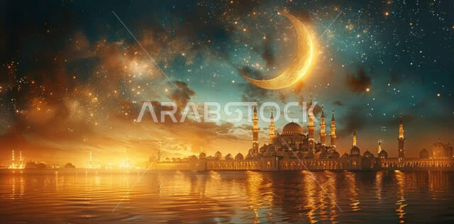 زينة الاعياد والمناسبات الدينية, قدوم شهر الخير, رسوم توضيحية ثلاثية الابعاد للمآذن والقبب للمساجد الإسلامية، الديكورات والتصاميم الهندسية المميزة في رمضان المبارك، العبادة والتقرب إلى الله تعالى, خلفية السماء المرصعه بالنجوم مع القمر المضيء ليلا