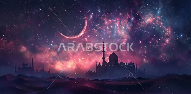 زينة الاعياد والمناسبات الدينية, قدوم شهر الخير, رسوم توضيحية ثلاثية الابعاد للمآذن والقبب للمساجد الإسلامية، الديكورات والتصاميم الهندسية المميزة في رمضان المبارك، العبادة والتقرب إلى الله تعالى, خلفية السماء المرصعه بالنجوم مع القمر المضيء ليلا