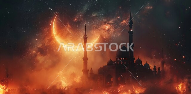 Holiday and religious occasion decorations, the arrival of the month of goodness, 3D illustrations of minarets and domes of Islamic mosques, distinctive decorations and engineering designs in the blessed month of Ramadan, worship and drawing closer to God Almighty, starry sky background with the moon shining at night