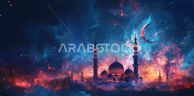 زينة الاعياد والمناسبات الدينية, قدوم شهر الخير, رسوم توضيحية ثلاثية الابعاد للمآذن والقبب للمساجد الإسلامية، الديكورات والتصاميم الهندسية المميزة في رمضان المبارك، العبادة والتقرب إلى الله تعالى, خلفية السماء المرصعه بالنجوم مع القمر المضيء ليلا
