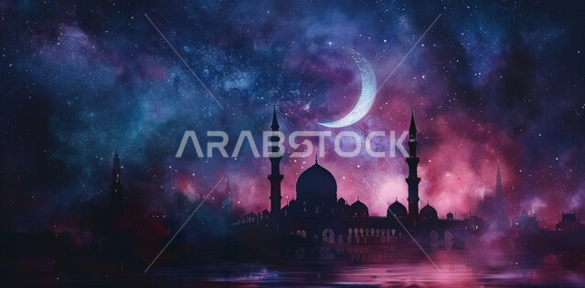 زينة الاعياد والمناسبات الدينية, قدوم شهر الخير, رسوم توضيحية ثلاثية الابعاد للمآذن والقبب للمساجد الإسلامية، الديكورات والتصاميم الهندسية المميزة في رمضان المبارك، العبادة والتقرب إلى الله تعالى, خلفية السماء المرصعه بالنجوم مع القمر المضيء ليلا