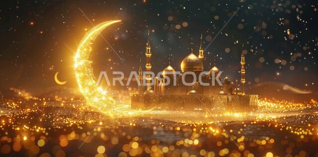 زينة الاعياد والمناسبات الدينية, قدوم شهر الخير, رسوم توضيحية ثلاثية الابعاد للمآذن والقبب للمساجد الإسلامية، الديكورات والتصاميم الهندسية المميزة في رمضان المبارك، العبادة والتقرب إلى الله تعالى, خلفية السماء المرصعه بالنجوم مع القمر المضيء ليلا