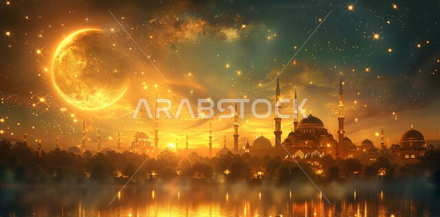 زينة الاعياد والمناسبات الدينية, قدوم شهر الخير, رسوم توضيحية ثلاثية الابعاد للمآذن والقبب للمساجد الإسلامية، الديكورات والتصاميم الهندسية المميزة في رمضان المبارك، العبادة والتقرب إلى الله تعالى, خلفية السماء المرصعه بالنجوم مع القمر المضيء ليلا