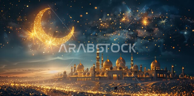  قدوم شهر الخير, رسوم توضيحية ثلاثية الابعاد للمآذن والقبب للمساجد الإسلامية، الديكورات والتصاميم الهندسية المميزة في رمضان المبارك، زينة الاعياد والمناسبات الدينية، العبادة والتقرب إلى الله تعالى, خلفية السماء المرصعه بالنجوم مع القمر المضيء ليلا