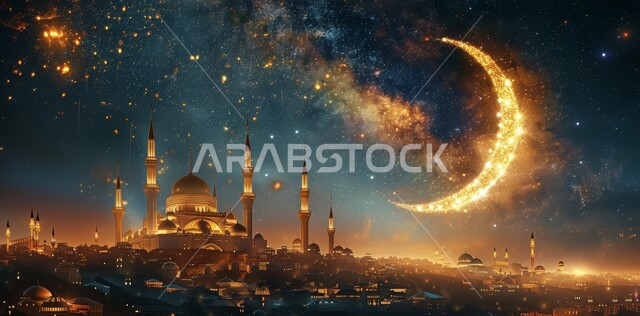  قدوم شهر الخير, رسوم توضيحية ثلاثية الابعاد للمآذن والقبب للمساجد الإسلامية، الديكورات والتصاميم الهندسية المميزة في رمضان المبارك، زينة الاعياد والمناسبات الدينية، العبادة والتقرب إلى الله تعالى, خلفية السماء المرصعه بالنجوم مع القمر المضيء ليلا